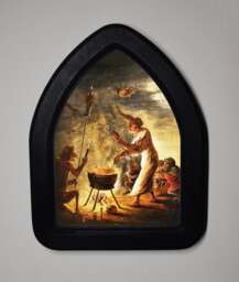 Halloween Black Gothic Arch Wooden Framed Picture, David Teniers, Witch Scene, Print, Witchy Wall Hanging - thumbnail 1