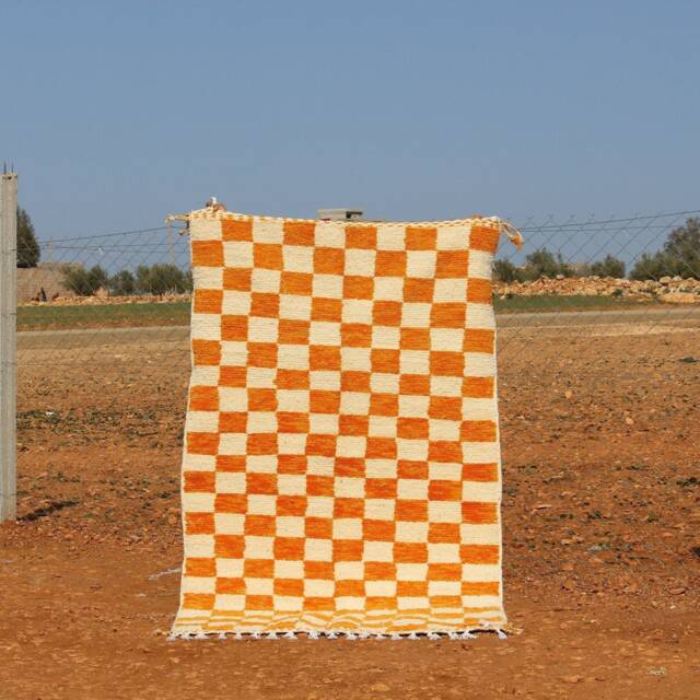 Yellow & White Checkered Moroccan Wool Rug Handmade Boujad Carpet - image 1