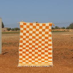 Yellow & White Checkered Moroccan Wool Rug Handmade Boujad Carpet - thumbnail 1