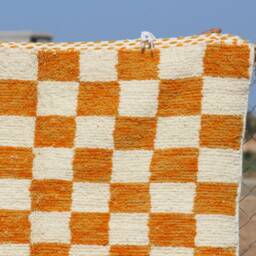 Yellow & White Checkered Moroccan Wool Rug Handmade Boujad Carpet - thumbnail 2