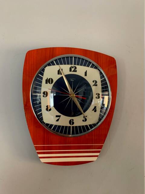 Handmade Mid-Century Wall Clock Faux Red Walnut, Royal Blue Starburst Face - image 1