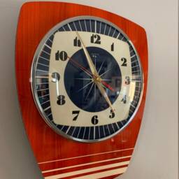Handmade Mid-Century Wall Clock Faux Red Walnut, Royal Blue Starburst Face - thumbnail 2