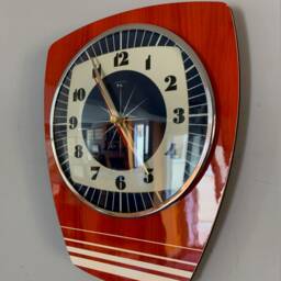 Handmade Mid-Century Wall Clock Faux Red Walnut, Royal Blue Starburst Face - thumbnail 3