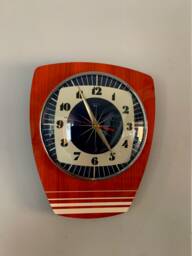 Handmade Mid-Century Wall Clock Faux Red Walnut, Royal Blue Starburst Face