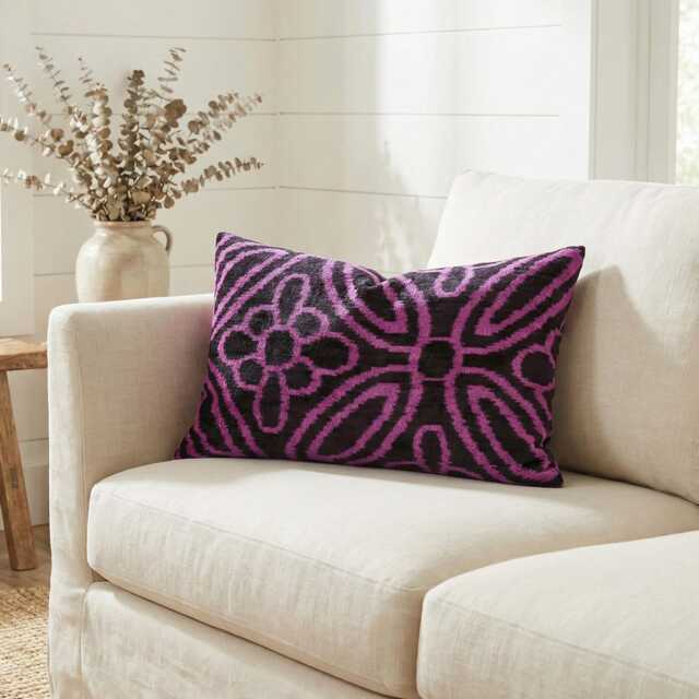 Handwoven Silk Velvet Ikat Pillow Uzbeki Lumbar Cushion - image 1