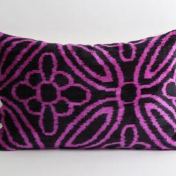 Handwoven Silk Velvet Ikat Pillow Uzbeki Lumbar Cushion - thumbnail 2