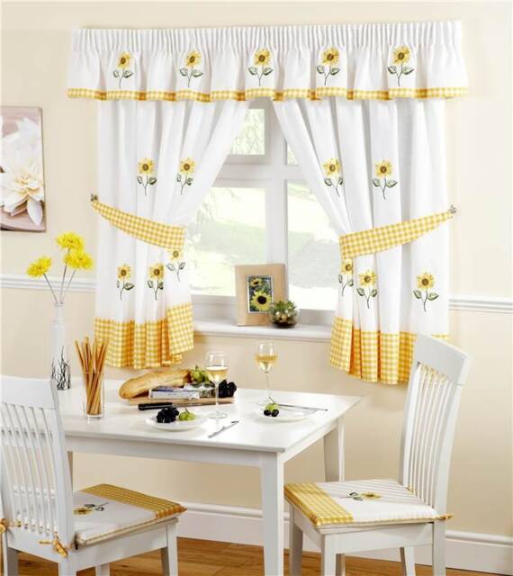 Kitchen Curtains, Sunflower Embroidered With Gingham Check, Or Pelmets, Tie On Dining Seat Cushion Pads Cafe Panels - image 1