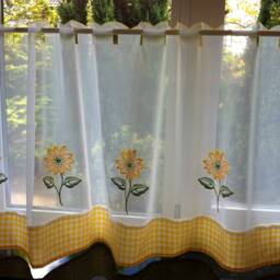 Kitchen Curtains, Sunflower Embroidered With Gingham Check, Or Pelmets, Tie On Dining Seat Cushion Pads Cafe Panels - thumbnail 2