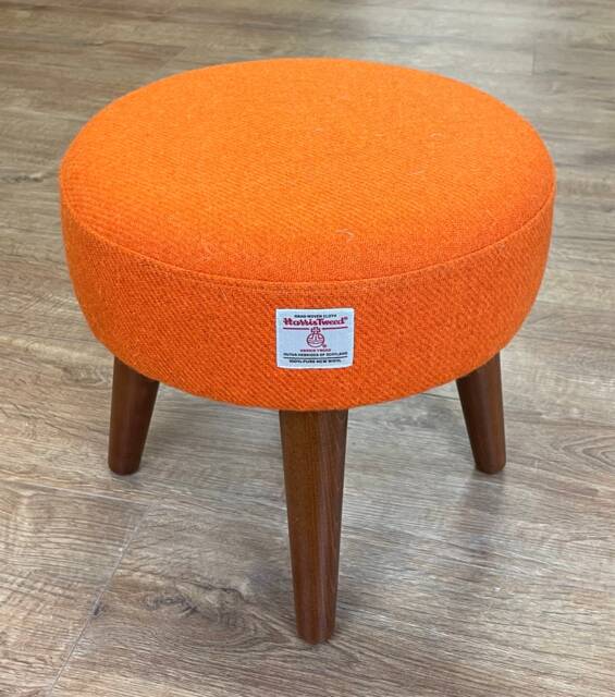 Orange Harris Tweed Footstool With Dark Varnished Wooden Legs - image 1
