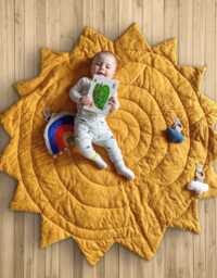 Linen Sun Baby Play Mat With Rainbow & Clouds - Montessori Nursery Decor - thumbnail 1
