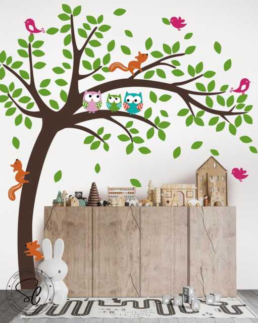 Tree & Owls Wall Decal - Nursery Decor, Squirrels & Birds - image 1