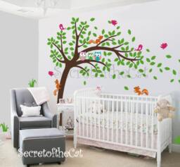 Tree & Owls Wall Decal - Nursery Decor, Squirrels & Birds - thumbnail 2