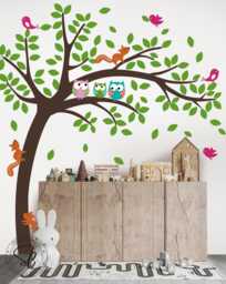 Tree & Owls Wall Decal - Nursery Decor, Squirrels & Birds