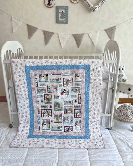 Christmas Baby Quilt 35 X 43 In, Snowman Crib Quilt, Winter Nursery Blanket, Handmade Cotton - image 1