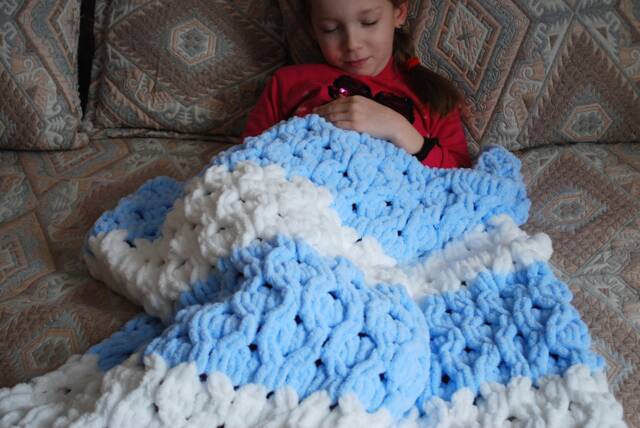 Hand Crochet Striped Baby Blanket Soft White & Blue Plaid Rug - image 1