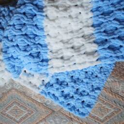 Hand Crochet Striped Baby Blanket Soft White & Blue Plaid Rug - thumbnail 2