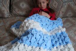Hand Crochet Striped Baby Blanket Soft White & Blue Plaid Rug - thumbnail 1