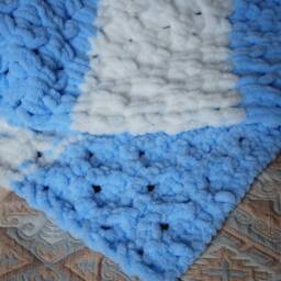 Hand Crochet Striped Baby Blanket Soft White & Blue Plaid Rug - thumbnail 3