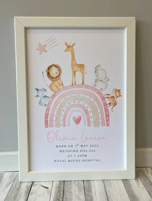 Jungle Safari Personalised Name Print - Rainbow Nursery Print Nursery New Baby Gift Initial Baby Girl Gift - image 1