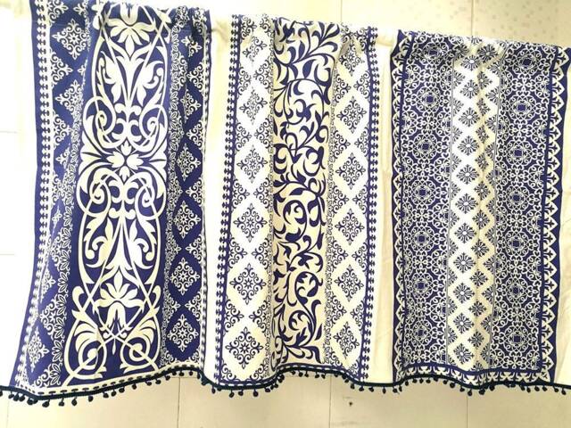 Navy Flower Pom Linen Cafe Curtain Window Valance/Window Treatment/Kids Nursery Child Playroom Curtain/Shower CurtainRustic, Free Gift - image 1