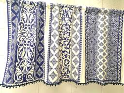 Navy Flower Pom Linen Cafe Curtain Window Valance/Window Treatment/Kids Nursery Child Playroom Curtain/Shower CurtainRustic, Free Gift - thumbnail 1