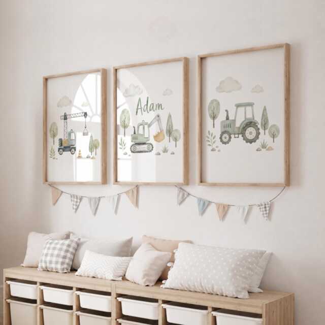 Kids Digger Prints - Set Of 3 Vehicle Nursery Wall Art, Boys Bedroom Decor Posters - image 1