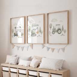 Kids Digger Prints - Set Of 3 Vehicle Nursery Wall Art, Boys Bedroom Decor Posters - thumbnail 1