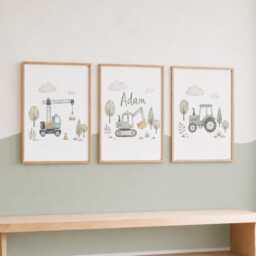 Kids Digger Prints - Set Of 3 Vehicle Nursery Wall Art, Boys Bedroom Decor Posters - thumbnail 3