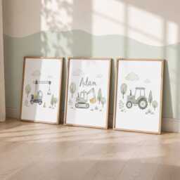 Kids Digger Prints - Set Of 3 Vehicle Nursery Wall Art, Boys Bedroom Decor Posters - thumbnail 2