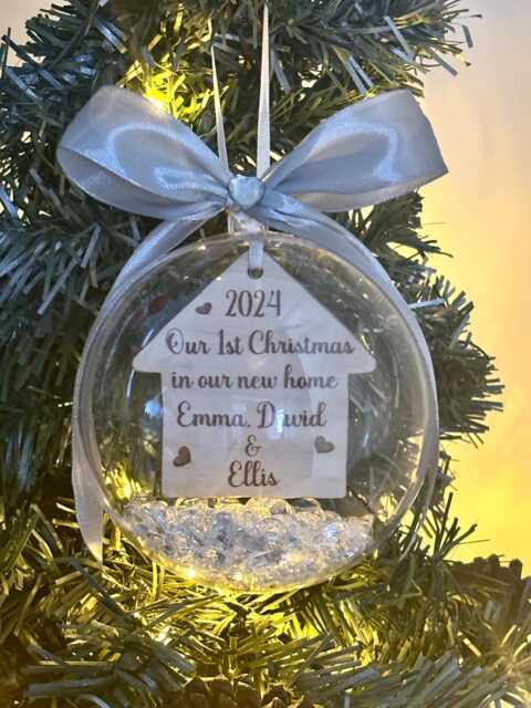 Personalised Bauble , Tree Bauble Decoration Our New Home, Christmas Gift Plastic Bauble, First in Your Home, Any Text - image 1
