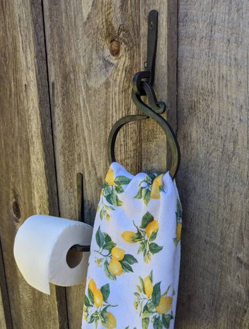 Circular Blacksmith Made Bathroom Hand Towel Holder With Matching Toilet Paper - image 1