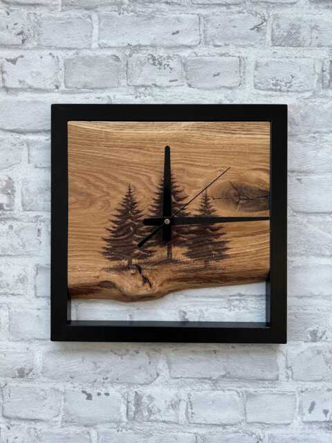 Pine Trees Clock, Carved Wood Wall Clocks, Live Edge & Metal, Forest Themed Woodsy Decor, Nature Lovers Gift, Square Silent Clock - image 1