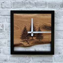 Pine Trees Clock, Carved Wood Wall Clocks, Live Edge & Metal, Forest Themed Woodsy Decor, Nature Lovers Gift, Square Silent Clock - thumbnail 2
