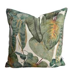 Tropical Leaves Cushion Cover Green & Yellow Plants With Golden Accent Botanical Design - thumbnail 1