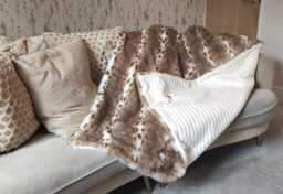 Handmade Lynx Faux Fur Throw Tan & White, Cream Striped Lining