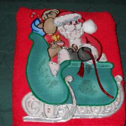 Appliqued Christmas Hand Towel Santa & Sleigh, Red Cotton - thumbnail 4