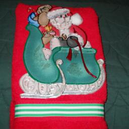 Appliqued Christmas Hand Towel Santa & Sleigh, Red Cotton - thumbnail 2
