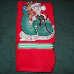 Appliqued Christmas Hand Towel Santa & Sleigh, Red Cotton - thumbnail 3