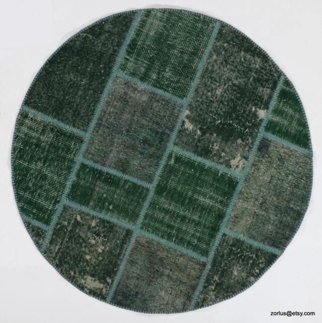 Round Green Color Handmade Turkish Patchwork Rug, Circular - image 1