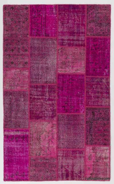 Handmade Pink Patchwork Rug Turkish Wool, Cotton Accent - image 1