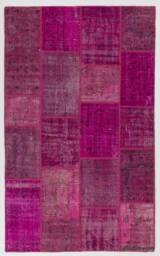 Handmade Pink Patchwork Rug Turkish Wool, Cotton Accent - thumbnail 1