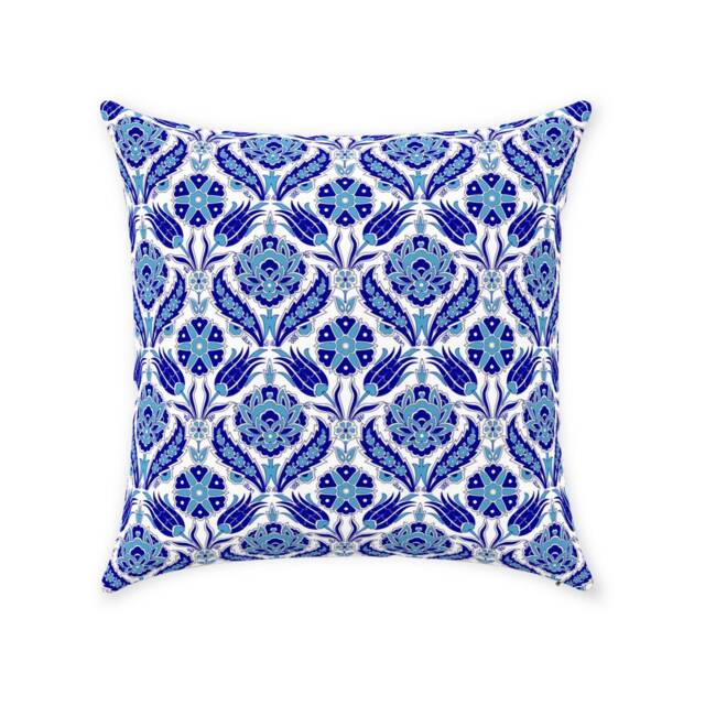 Azra Ii Ottoman Pillow Cover - Pure Cotton Twill Print Fabric Dark Blue Aqua White Pattern Arabic Eastern Design Decorative Cushion - image 1