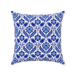 Azra Ii Ottoman Pillow Cover - Pure Cotton Twill Print Fabric Dark Blue Aqua White Pattern Arabic Eastern Design Decorative Cushion - thumbnail 1