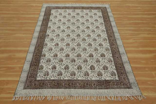 Brown Floral Cotton Rug, Hand Block Printed Runner - image 1