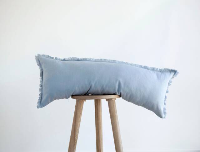 Long Lumbar Pillow, Blue Throw Pillow Cover, Blue Linen Fringe Style Cover Only - image 1