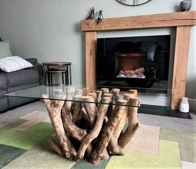 Driftwood Coffee Table Sculpted Wood Base With Glass Top - Handmade Art Furniture - image 1