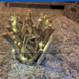 Driftwood Coffee Table Sculpted Wood Base With Glass Top - Handmade Art Furniture - thumbnail 3