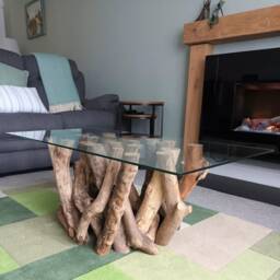 Driftwood Coffee Table Sculpted Wood Base With Glass Top - Handmade Art Furniture - thumbnail 2