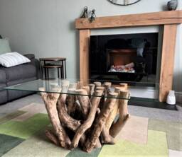 Driftwood Coffee Table Sculpted Wood Base With Glass Top - Handmade Art Furniture