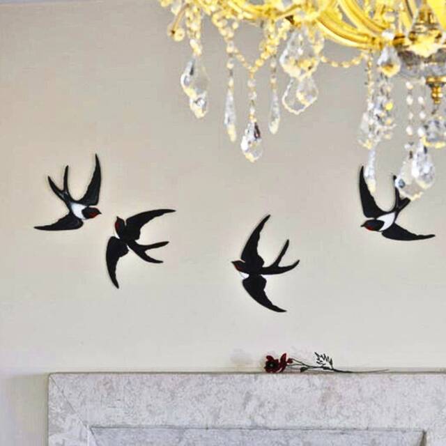 Flock Of 4 Wooden Painted Swallows Black & White Bird in Flying Wall Installation Hanging Large Decor Sculpture For Gift - image 1